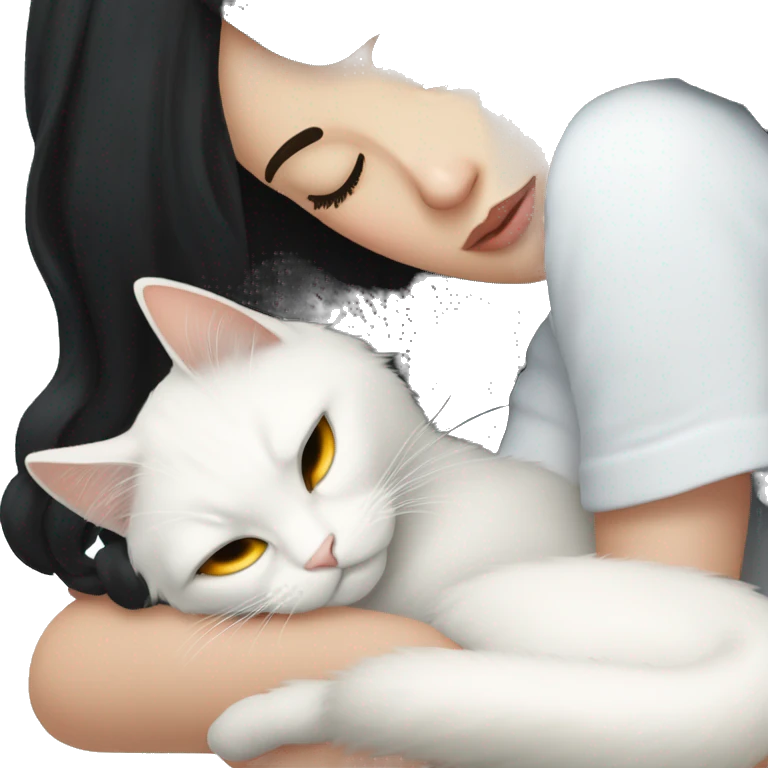A pretty white girl with very long black hair and sleeping curled up to a white cat  emoji