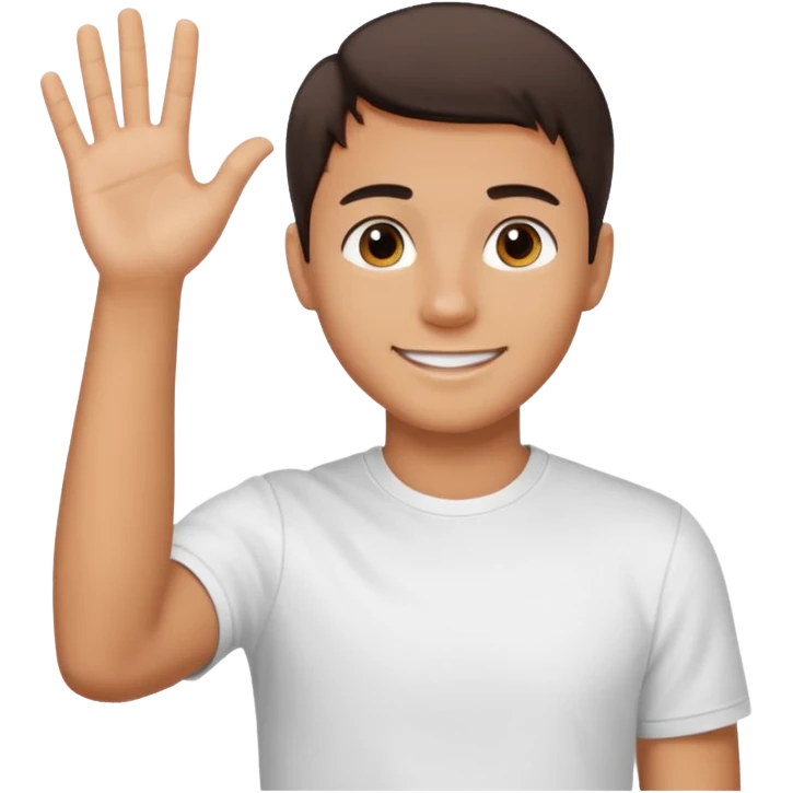joven bronceado medio pelon oscuro muy cortito polera blanca sonrisa bonita saludando mano arriba emoji