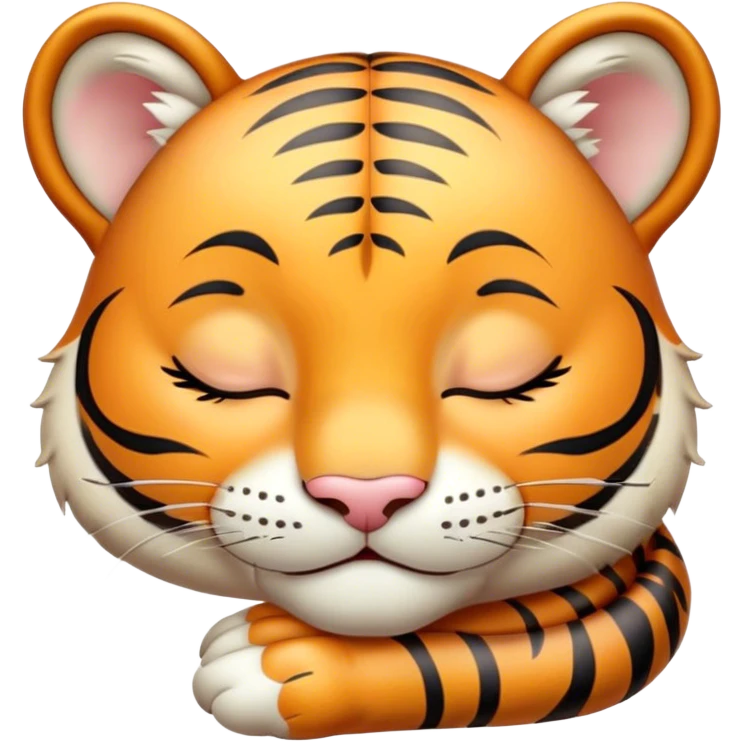 Meme-Worthy cute Sleeping Tiger Cub Portrait Emoji, Head resting peacefully with a contented smile, showcasing a luxuriously soft, striped form and eyes gently closed in serene slumber, Simplified yet comically adorable features, highly detailed, glowing with a soft, drowsy wild light, high shine, relaxed and utterly lovable, stylized with an air of playful laziness, bright and heartwarming, soft glowing outline, capturing the essence of a sleeping tiger cub that feels destined to become the next viral icon of adorable rest! emoji