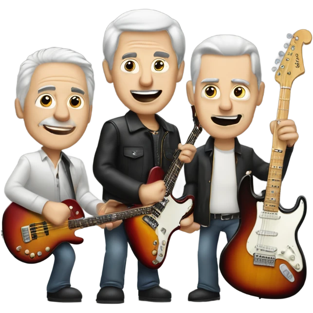 Three older white musicians jamming. one on a Gibson guitar, one on a Fender bass and one on a drum emoji