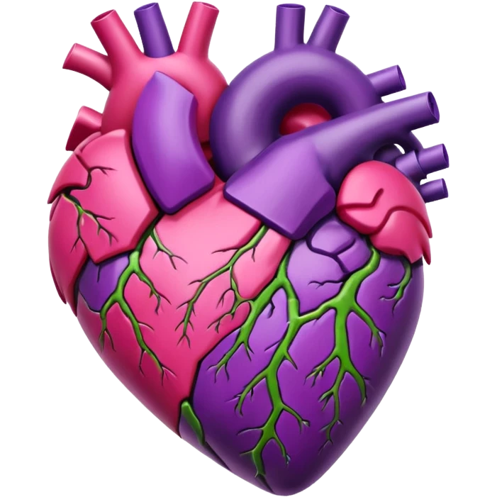 Pulsating heart with purple, hot pink, amber, light green, and dark purple emoji