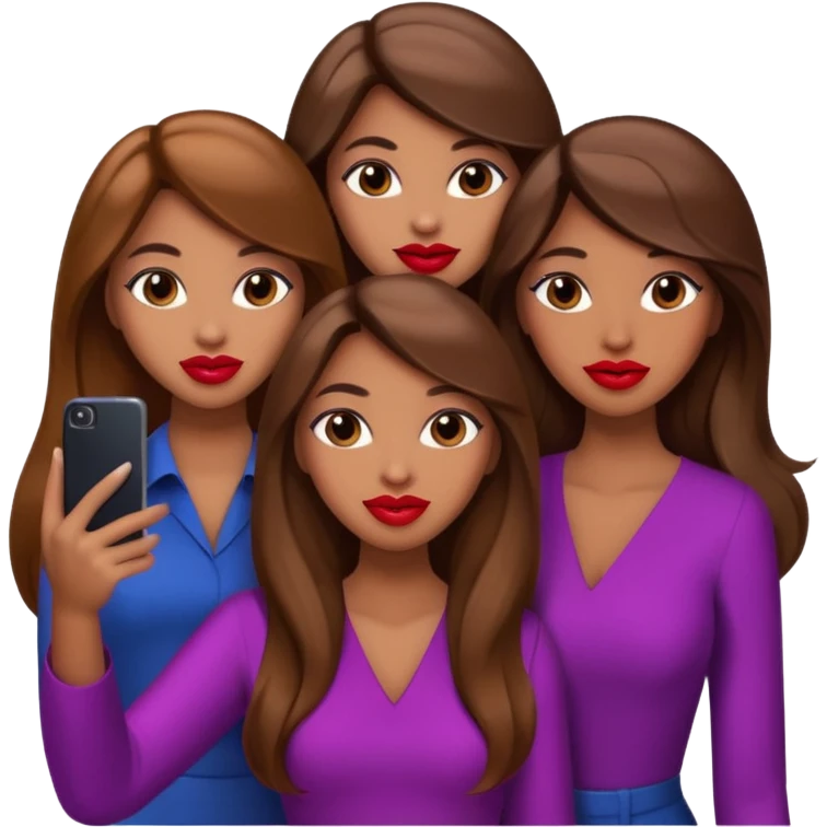 Glam girls in a group of 3 friends , taking a selfie with long brown hair, light brown  emoji