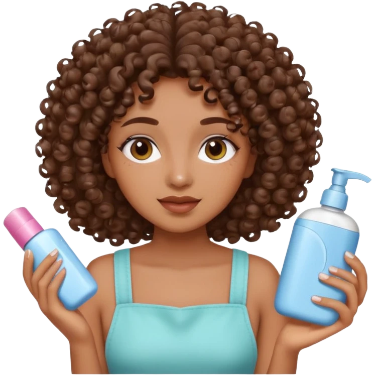 Menina na cor parda, com os cabelos bem cacheados e fazendo o movimento col produtos na mão limpando e cuidando do rosto emoji