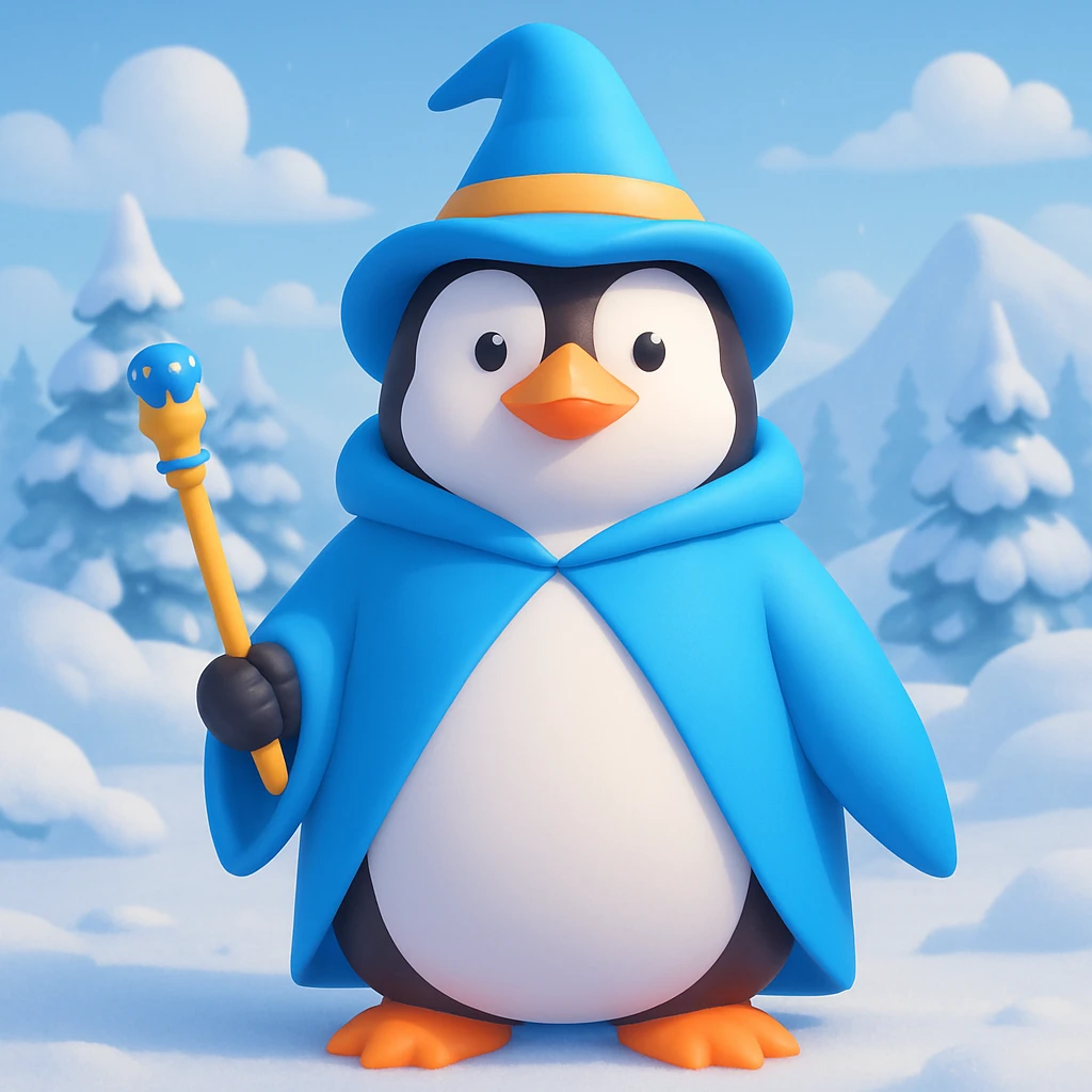 Add a snowy landscape background behind the 3D emoji style penguin wizard, keep all original colors and style. Make it 3D emoji style. emoji