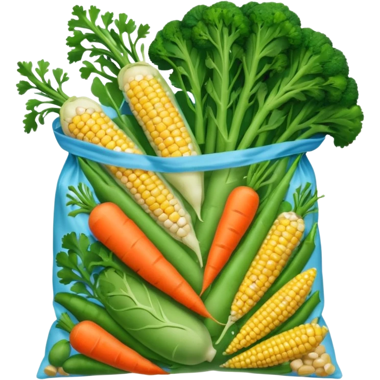 A colorful plastic bag filled with mixed vegetables — peas, carrots, corn, and broccoli — sealed and lightly frosted. Tnutrition facts, and vibrant vegetable images. Displayed in a grocery store freezer with cool white lighting and condensation on the glass door. emoji
