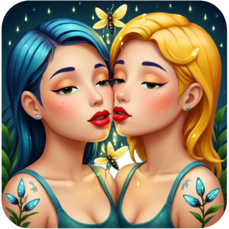 portrait two wet tattooed women kissing with nectar shine on lips, fireflies glowing emoji