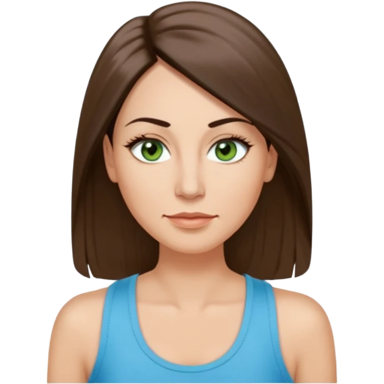 43 year old Adult woman avatar, light skin tone, long, oval face, long straight ashy brown hair, green almond-shaped eyes with dramatic eyelashes and minimal eyeliner, neutral mouth, medium straight eyebrows, small nose, smooth skin, sky blue tank top emoji