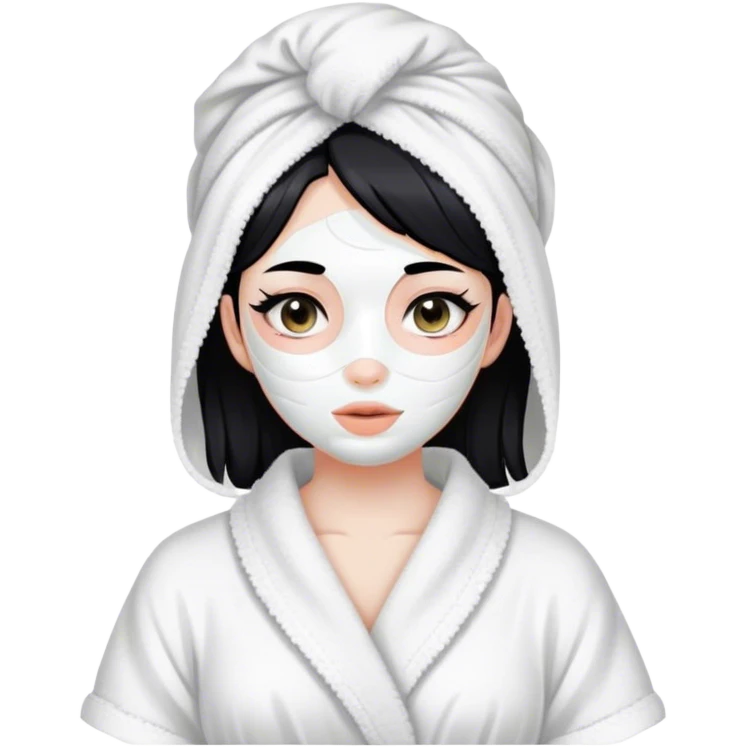 Girl white black hair and a bath gown with a clay mask , aesthetic , white emoji