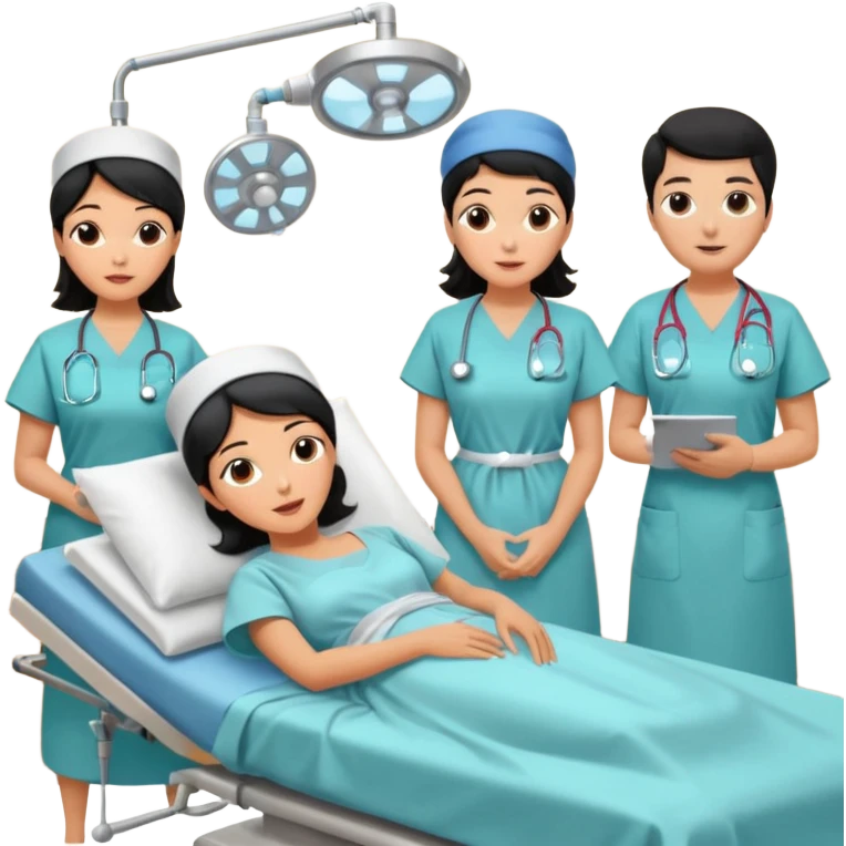 A colonoscopy procedure in progress in a clean operating room, featuring a black-haired woman in her 50s lying on an examination bed, with three doctors wearing surgical caps, masks, and gowns performing the procedure. emoji