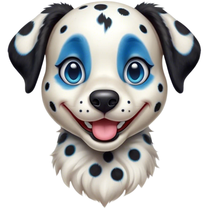 Cinematic Comical Harlequin Dalmatian Portrait Emoji, Head tilted dramatically with an exaggeratedly shocked or amused expression, featuring a striking Fur of predominantly white with vivid black patches, wide, expressive blue eyes filled with playful disbelief, Simplified yet hilariously expressive features, highly detailed, glowing with a slightly sassy glow, high shine, dramatic yet playful, stylized with an air of cheeky charm, bright and endearing, soft glowing outline, capturing the essence of a spirited and over-the-top guardian, so meme-worthy it feels like it could side-eye its way into internet fame instantly! emoji