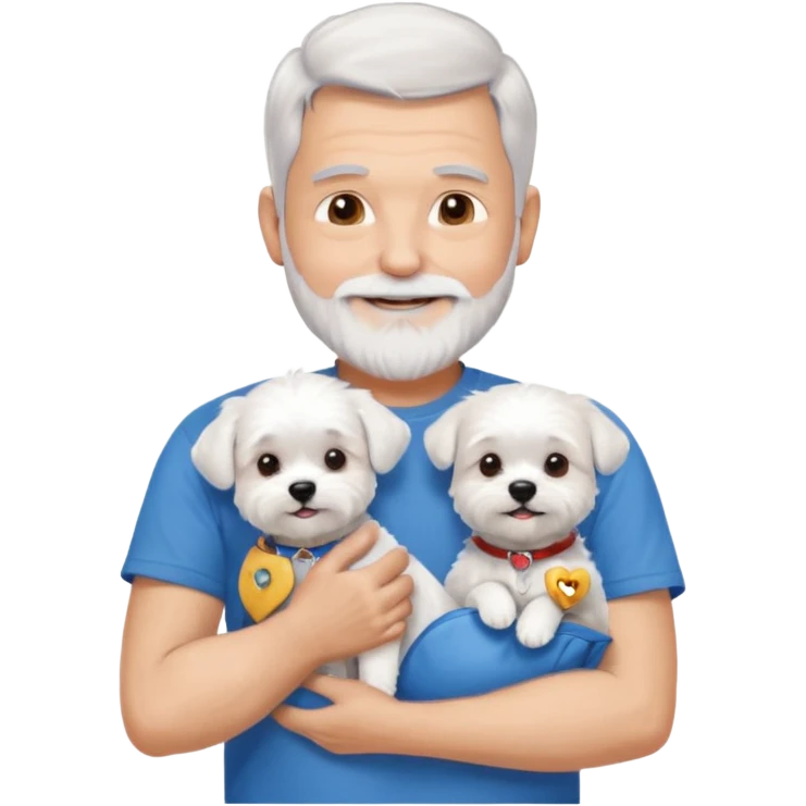handsome gentleman, 60 years old, crew cut silver hair, full beard, wearing a blue t-shirt, smiling and holding a maltese dog emoji