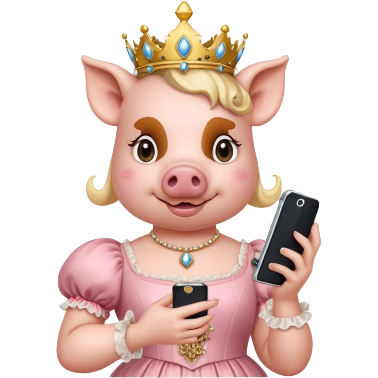 Pig princess in rococo finery holding a cell phone emoji