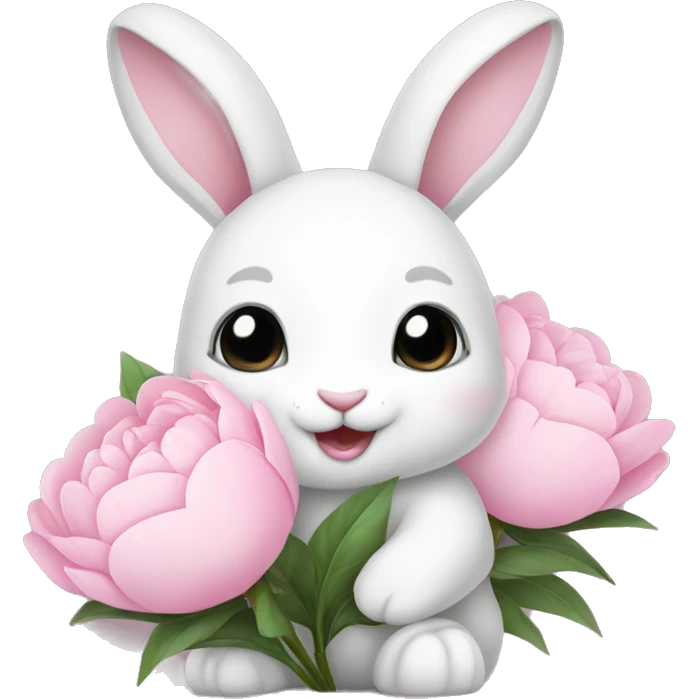 cute white bunny holding light pink peonies emoji