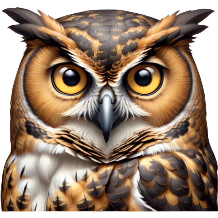 Cinematic Deep Thought Great Horned Owl Portrait Emoji, Head held high with a calm, reflective gaze, showcasing a beautifully mottled plumage and piercing golden eyes that seem to ponder the mysteries of the night, Simplified yet majestically refined features, highly detailed, glowing with a soft, contemplative light, high shine, poised and thoughtful, stylized with an air of profound introspection, capturing the essence of an owl deeply engaged in thought, so thoughtful it feels like it could silently share timeless secrets from beyond the screen! emoji