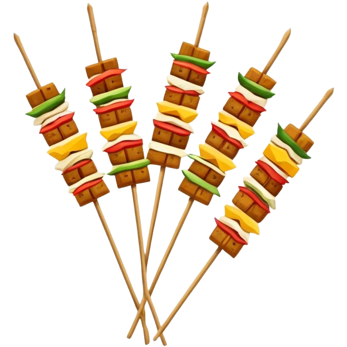 Sichuan Skewers Chuan Chuan Xiang with various foods on bamboo sticks, simplified emoji style with bold outlines and bright colors, cartoon style spicy street food emoji
