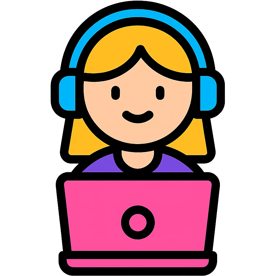 a girl with a pink laptop with headphones, color outline icon style emoji