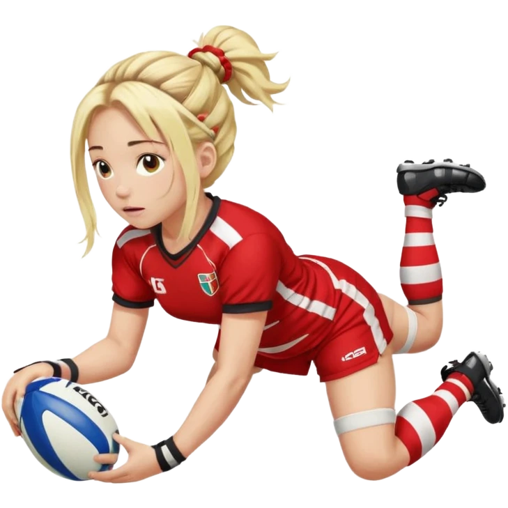 Chica de pelo rubio tirada en el suelo boca abajo agarrando un balón DE RUGBY con las manos vestida con una equipación de color rojo y blanco con líneas y con unas botas de tacos de fútbol, con un bucal en la boca y el pelo con trenzas, se la tienen que ver las piernas  emoji