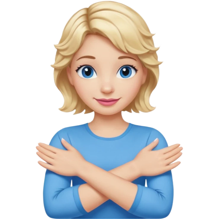 Girl Blonde short wavy hair,  blue eyes, cute blue top, long lashes, pink lips, smiling, making cross arms with arms  emoji