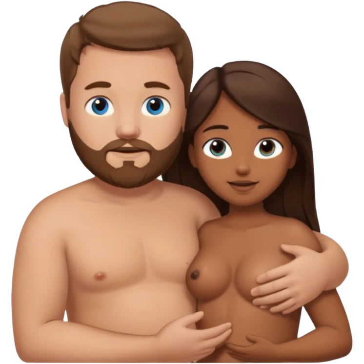 chubby white guy with brown hair and beard and blue eyes, holding a brown girl with long dark hair and dark brown eyes in arms, naked, showing tits emoji