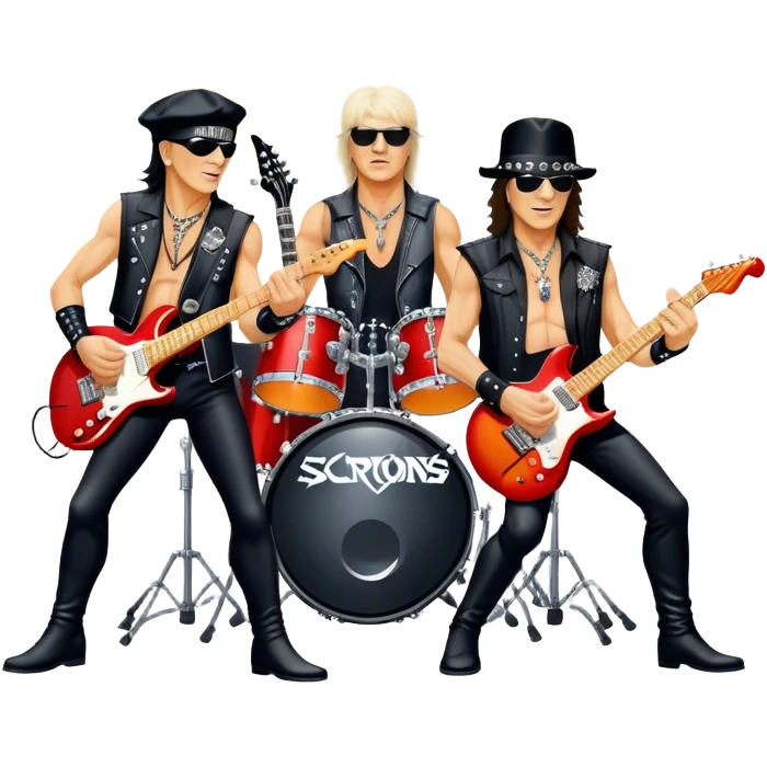 Icon for Rock Music: Scorpions live concert on stage with electric guitars, drums, and a powerful spotlight. Klaus Meine at the microphone, Rudolf Schenker and Matthias Jabs playing guitars, dynamic stage presence, and electric energy. Transparent background. emoji