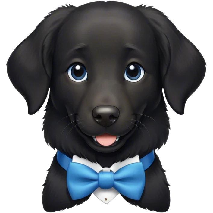 Black, flat-coated retriever, smooth fur with subtly fluffy ears, smiling face, small bit of white in her chest, blue bow tie  emoji