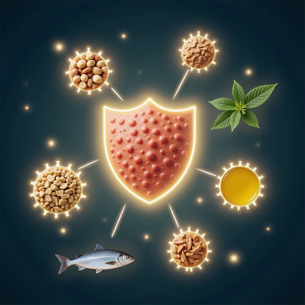 realistic image of stylized cells with glowing membranes and sources of healthy fats (nuts, oil, fish) surrounding cells like a shield, Italian caption 'Grassi salutari: protezione per le membrane cellulari', light and attractive background emoji