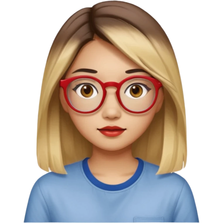 20 yr old asian woman, straight thick long brown hair, blond at ends of hair, center part to hair, big red glasses, brown eyes, casual shirt emoji