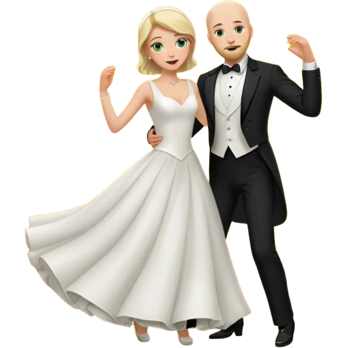 blonde haired green eyed bride and bald headed groom with dark beard dancing emoji