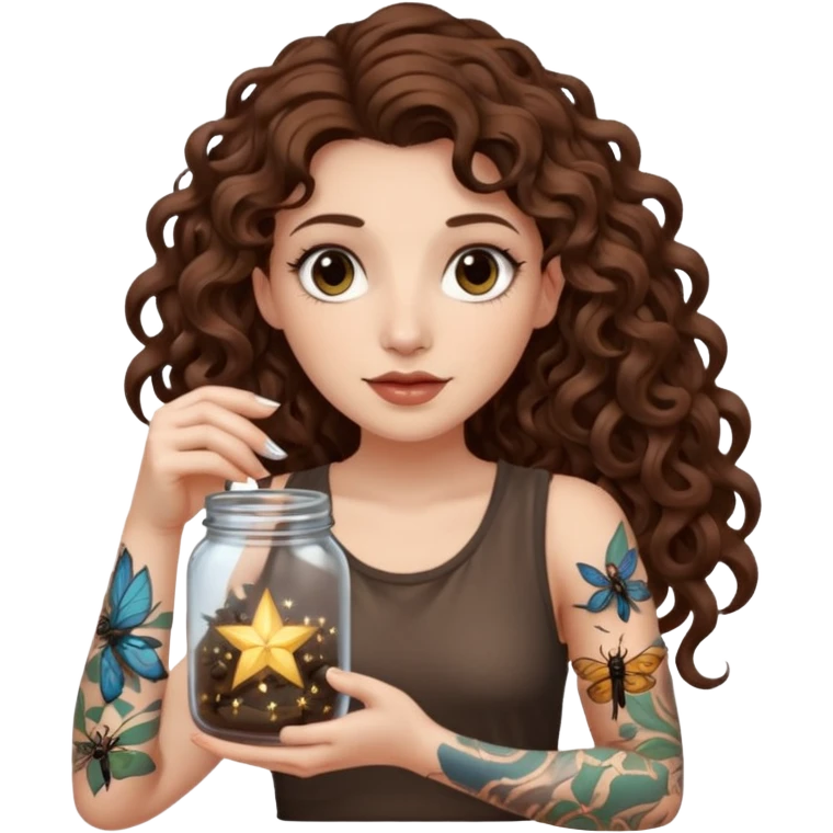woman with long curly brown hair, brown eyes, white skin, tattoos, holding a jar of captured starlight insects emoji