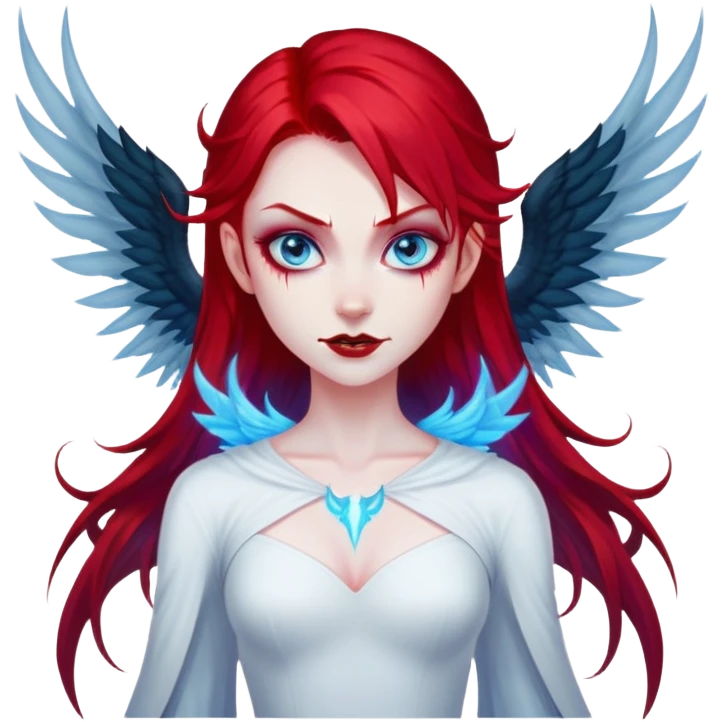 extremely diabolical girl with giant towering wings, blood red hair, glowing blue eyes, black hellfire aura, no horns, evil grin emoji