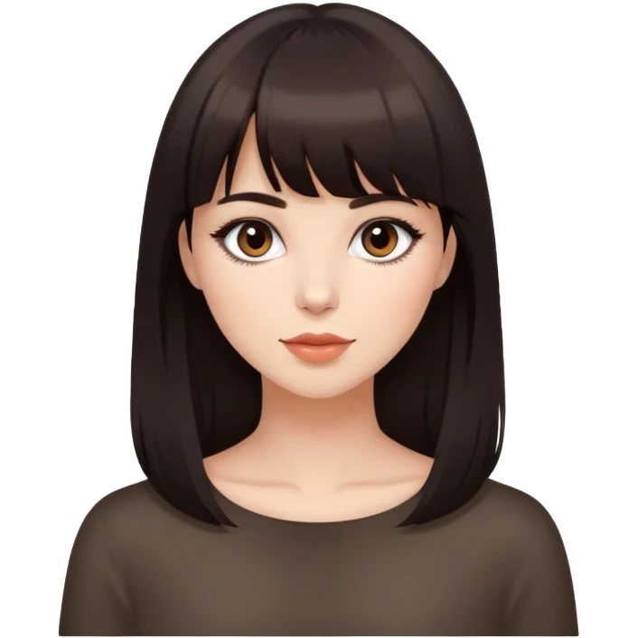 Beautiful woman with dark brown bangs, minimal makeup, charming expression emoji