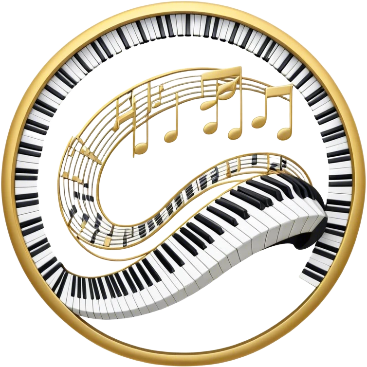 Create an elegant and festive emoji collage representing keyboard instruments, styled like a heraldic emblem. The design should feature a central focal point of black and white piano keys, arranged in a semi-circular or shield-like shape. Around the piano keys, add intertwining musical notes that form flowing ribbons, creating a dynamic and celebratory atmosphere. The design should be professional, with polished silver and gold accents on the keys and notes, highlighting the luxury and sophistication of the instruments. Add subtle shading and lighting effects to give the design a refined, 3D appearance. The background should remain transparent, and the overall feel should evoke grandeur, artistry, and a sense of celebration. emoji
