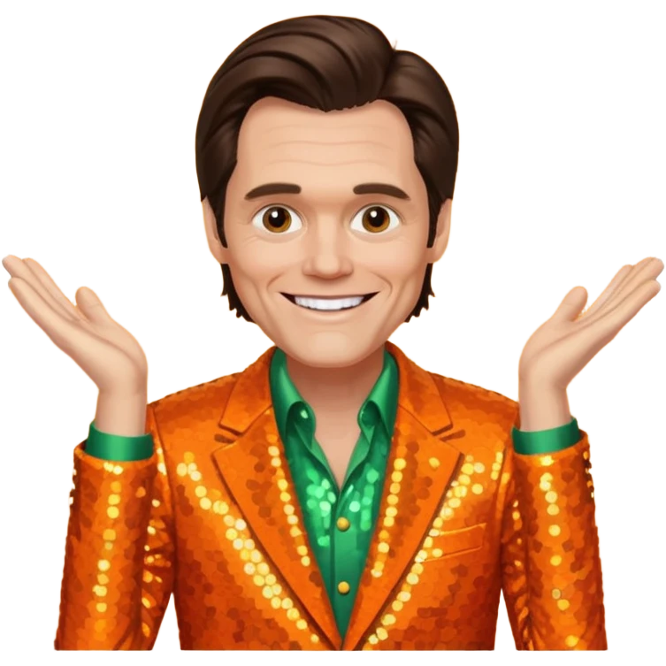 Jim Carrey with dark brown hair, orange sequin suit emoji
