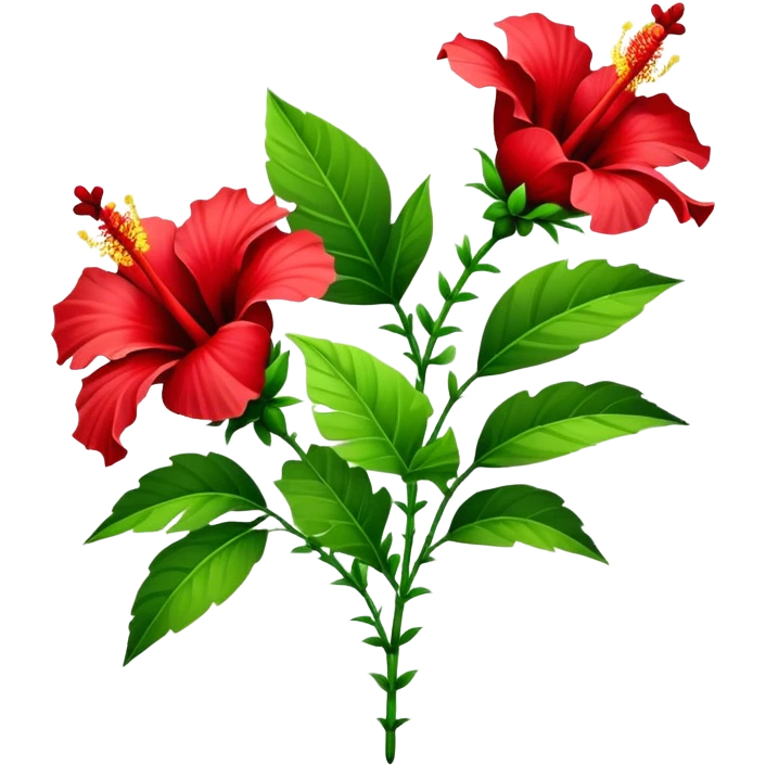 bouquet red Hawaiian hibiscus, luxuriant, stem, leaf, bud emoji