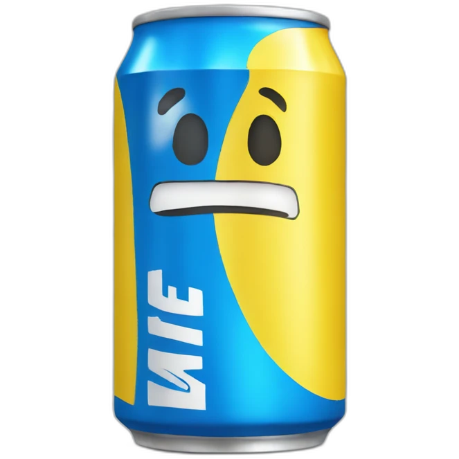 Yellow soda can with blue letter t emoji