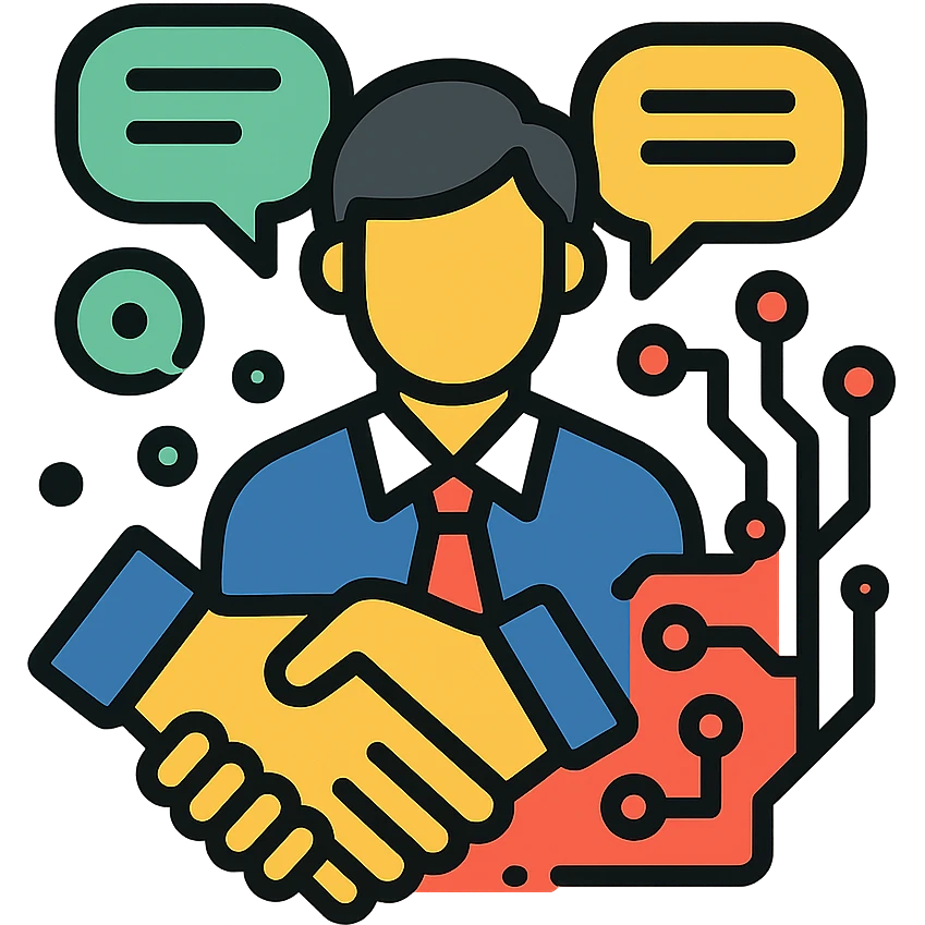 community icon for managers in the AI Era, with chat bubbles, a handshake, and subtle tech motifs like circuit patterns, friendly and professional style emoji