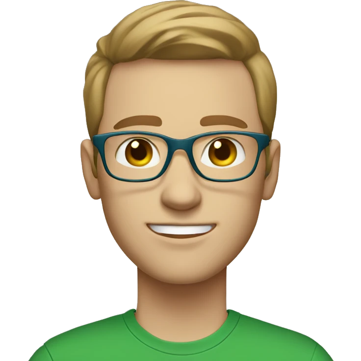 white young man blue eyes and light brown hair and square glasses wearing green t-shirt using laptop emoji