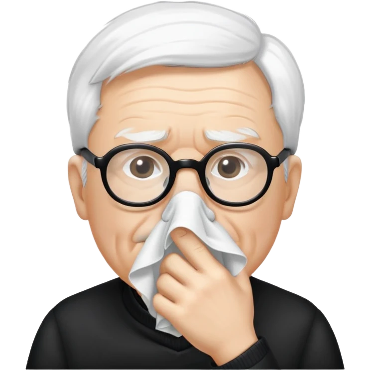 Create me an image of an  old man with white skin and white hair with black framed glasses Blowing his nose on a handkerchief  emoji