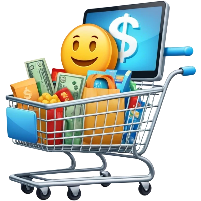 Create a sleek and dynamic emoji that represents a sales system. It should feature a shopping cart (🛒) overflowing with products, a glowing dollar sign (💰) beside it, and a computer screen displaying a checkout page. The design should have modern, minimalist elements with subtle animations or glowing highlights to emphasize the flow of the sales process. Make the colors vibrant and engaging, with a clean, professional look emoji