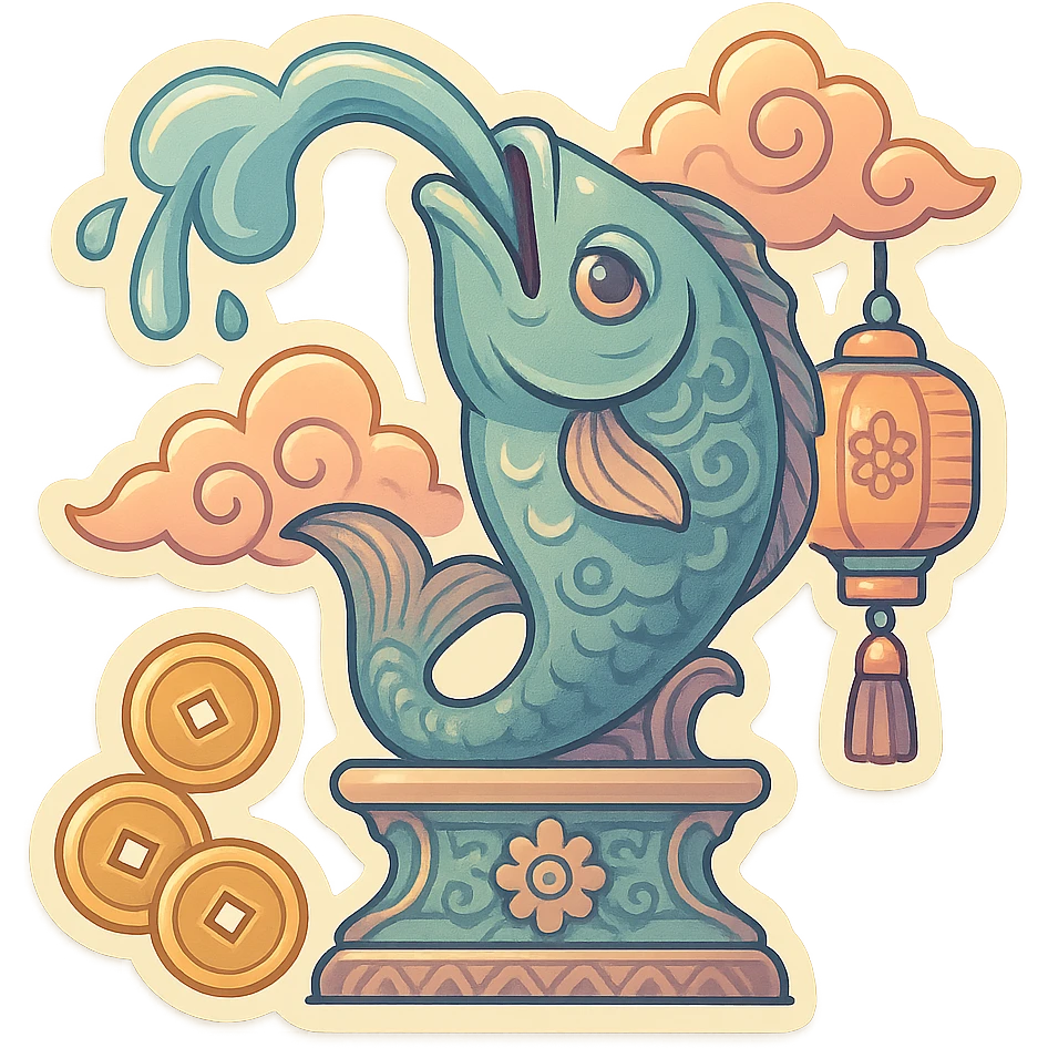 elongated fountain shaped like a serious fish with a water stream flowing from its mouth, retro-stickers style, eastern decor with patterns, clouds, coins, lanterns, detailed drawing with shadows and highlights, thin clean contours, soft rounded shapes, pastel palette #98B5BC, #B5B3C1, #C9A3C9, #E4C0CA, #F7DCD1, #F7C0AA, modern Japanese pop art, soft lighting, transparent background emoji