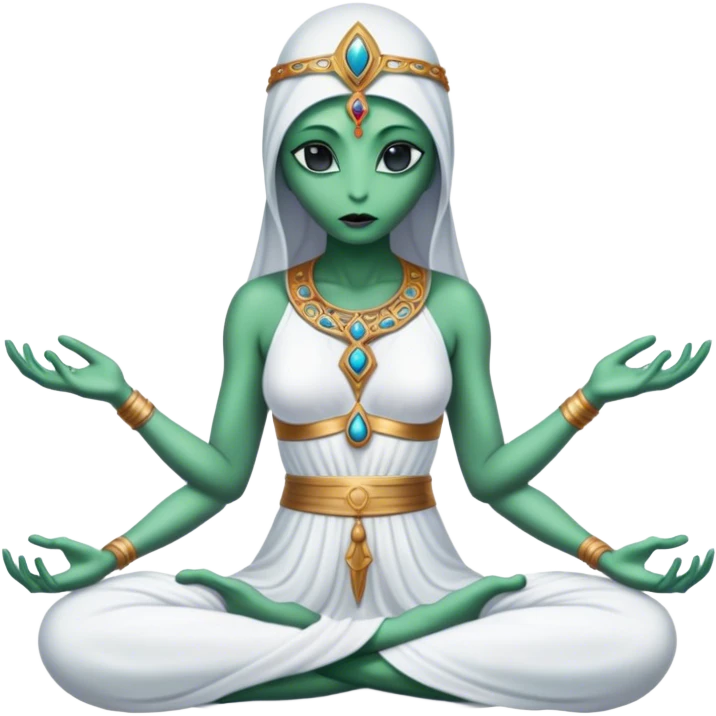 a Reptilian alien woman,in meditation, white dress like a priestess emoji
