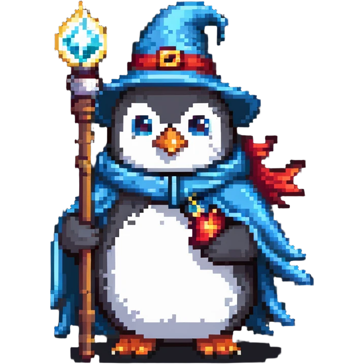 penguin wizard with magic staff and robe emoji