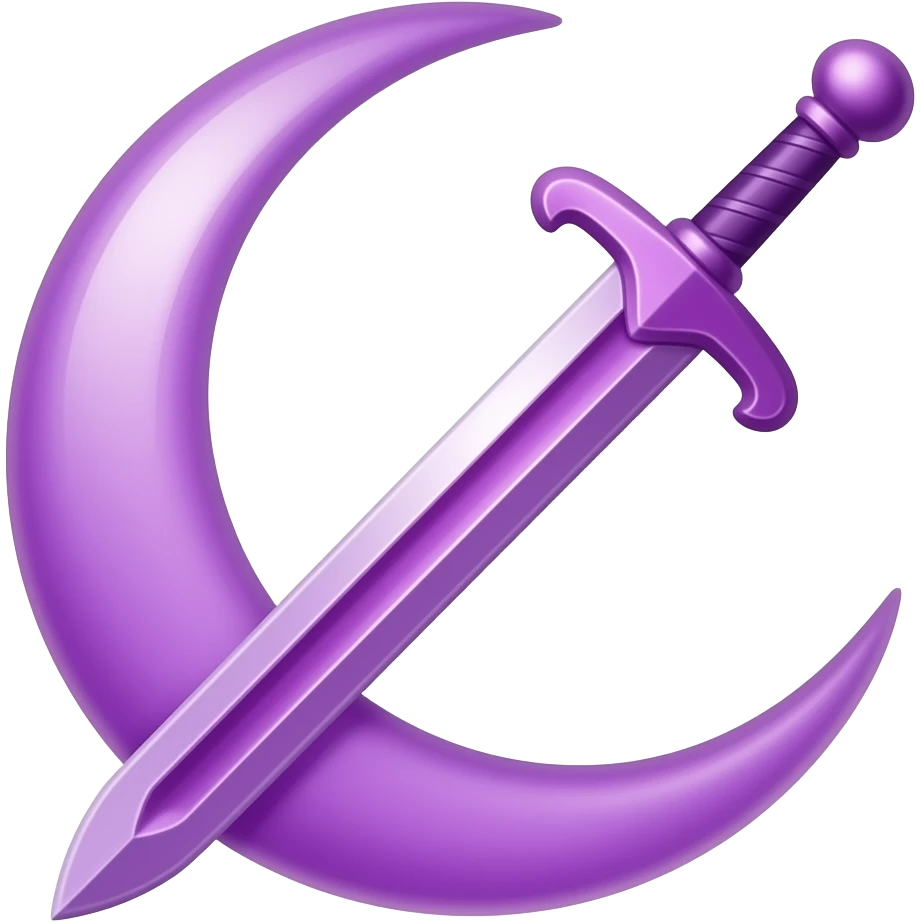 Glowing crescent purple moon with an elegant purple sword, emoji style. Soft violet and white glow, minimal clean design, smooth edges, subtle lighting, centered, high contrast, transparent background, readable at small size. emoji