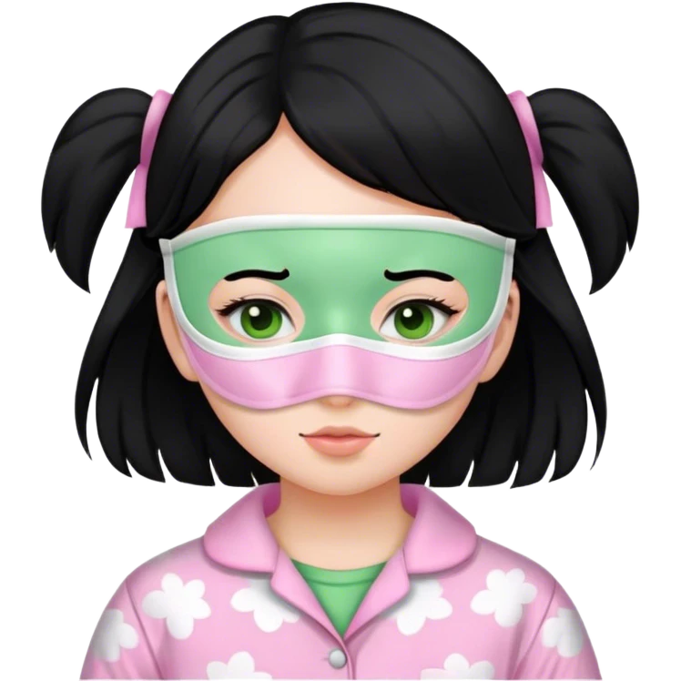 Una chica con pelo negro vestida con una pijama rosada blanquita y que tenga una mascarilla verde en la cara emoji