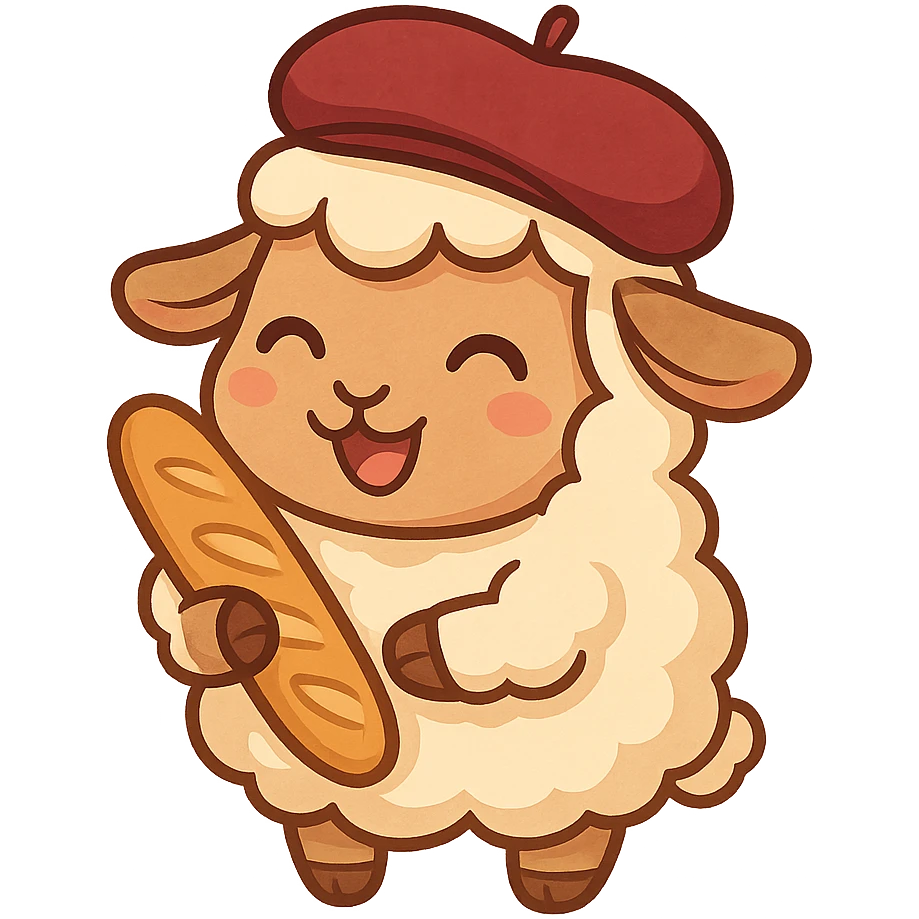 cute and expressive sheep from France wearing a beret and holding a baguette, chibi stickers style, cheerful and charming emoji