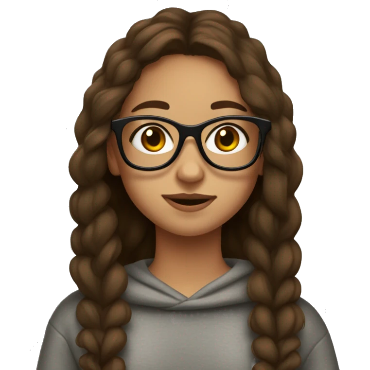 girl wearing glasses, long brown hair, brown eyes, tall, wearing a sweatshirt, leggings, freckles,  emoji