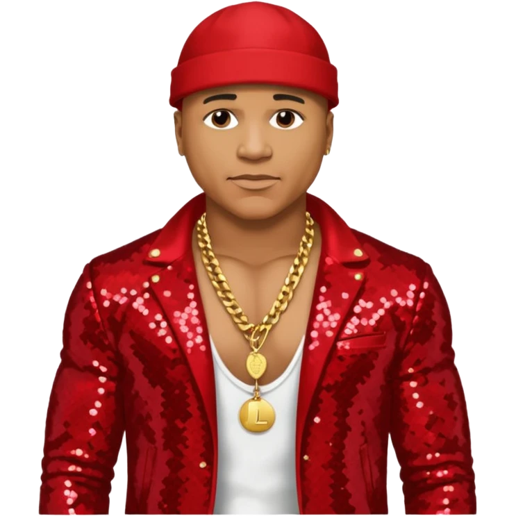 LL Cool J with red sequin jacket, shirtless with necklace emoji