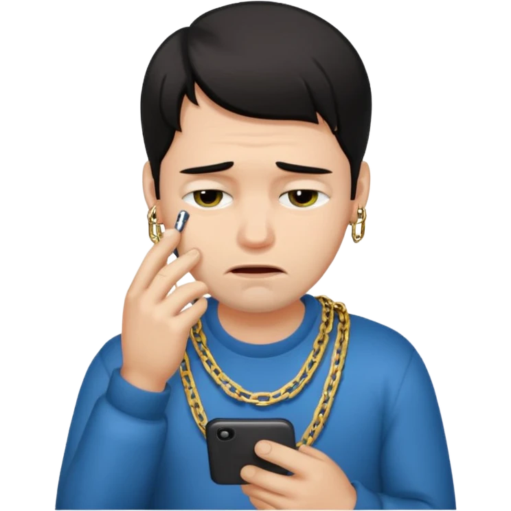 Dark haired man wearing chain texting while crying  emoji