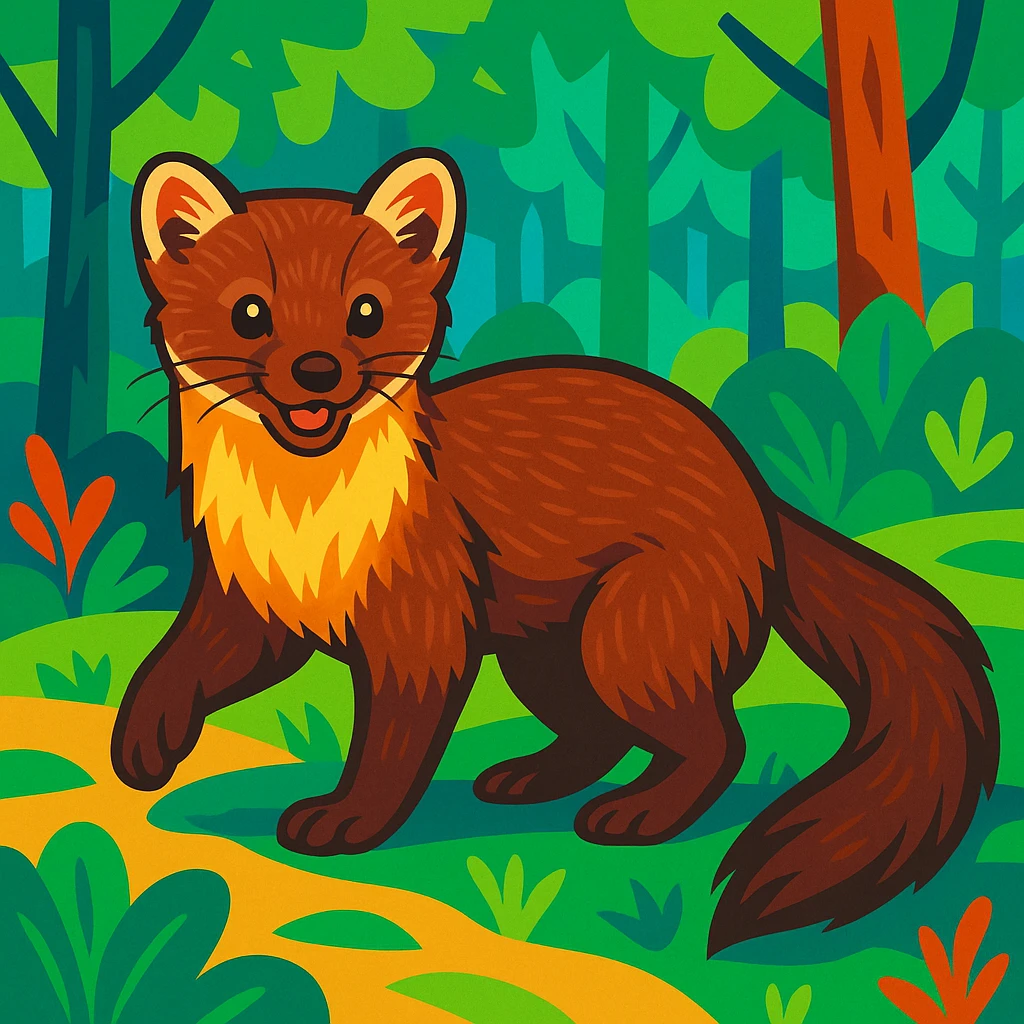 a pine marten with realistic fur in a lively pose in a forest background, vibrant toon style emoji