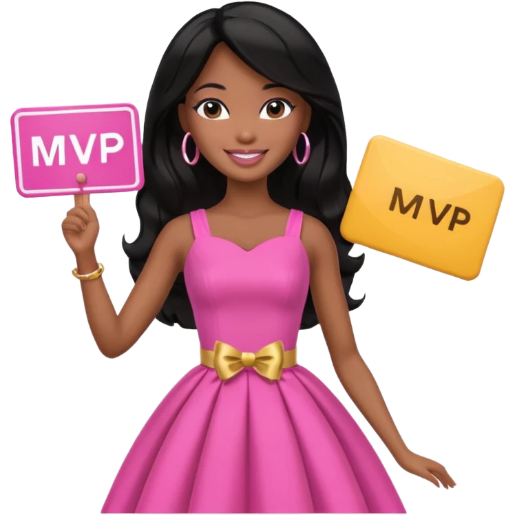 Black barbie, long black  hair, pink dress holding mvp sign  emoji